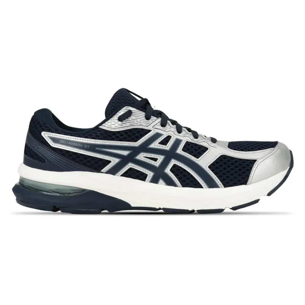 Tênis de corrida masculino azul marinho e cinza da ASICS mostrando o lado direito com detalhes do logotipo e ventilação